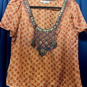 Corey Lynn Calter Rust 100% silk top with with Metallic Embellishments